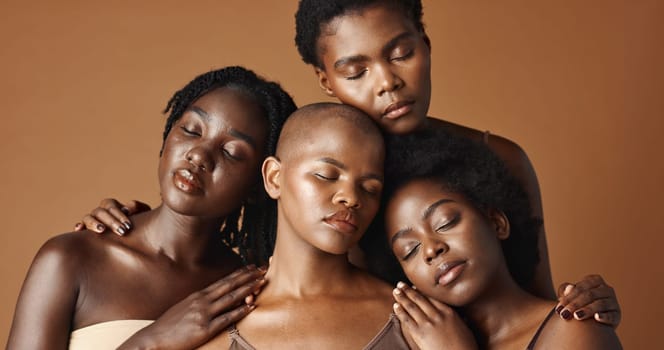 Skincare, beauty and face of black women in studio with glowing, natural and facial routine. Smile, cosmetic and portrait of African female friends with dermatology face treatment by brown background.