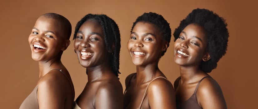Face, beauty and funny with african women in studio on a brown background for natural wellness. Portrait, skincare and smile with a group of funny young friends laughing at antiaging treatment.
