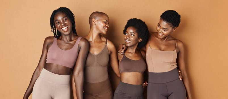 Hug, face or African models with beauty, glowing skin or results isolated on brown background. Facial dermatology, friends or natural cosmetics skincare in studio with black women or happy people.