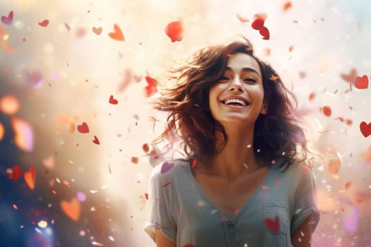 Happy smiling young woman standing under falling confetti, atmosphere of celebration, joy and fun