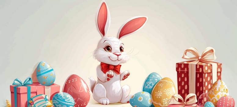 Cute cartoon bunny with a collection of Easter eggs and red dotted gift boxes