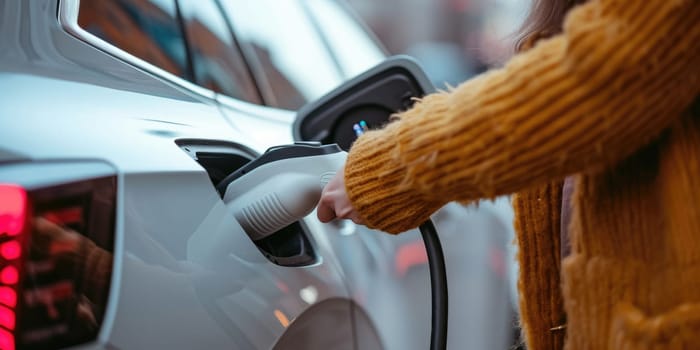 Young woman plugs charging gun in her electric car while standing comeliness