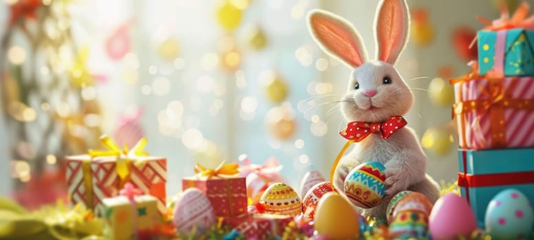 Animated bunny with a red bow among Easter eggs and gift boxes with bokeh lights