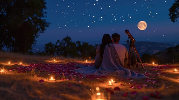 young couple looking out to romantic night sky in valentines day pragma