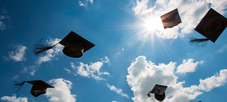 Silhouetted graduation caps thrown aloft against a sunny blue sky with sun rays and clouds