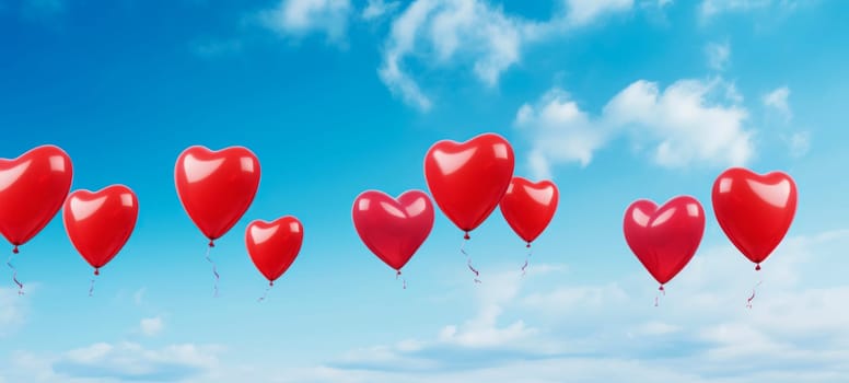 Glossy red heart-shaped balloons soaring into the blue sky with fluffy clouds