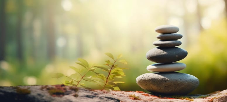 A serene composition of stacked smooth stones resting on a mossy log in a forest clearing, bathed in warm sunlight filtering through trees.