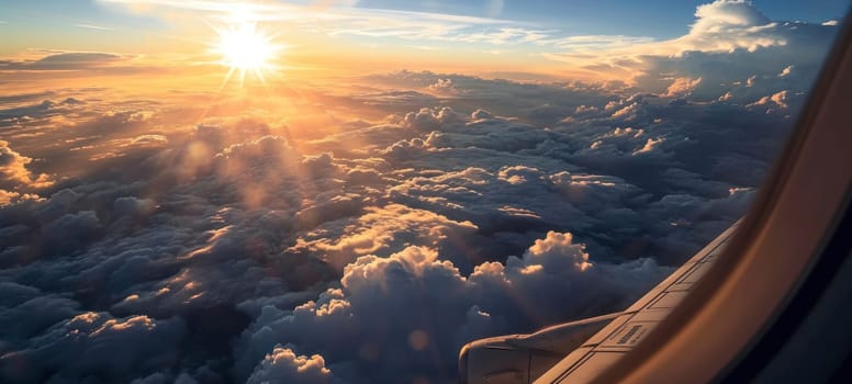 A spectacular sunset view over a cloud-filled sky, witnessed from the perspective of an airplane passenger.