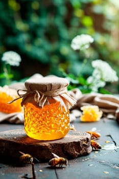 honey in a jar in the garden. Selective focus. Nature.