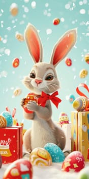 An adorable cartoon Easter bunny holding a decorated egg, surrounded by a variety of colorful eggs and gift boxes, celebrating the festive spirit.