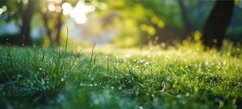 Close-up of vibrant green grass with sparkling dewdrops