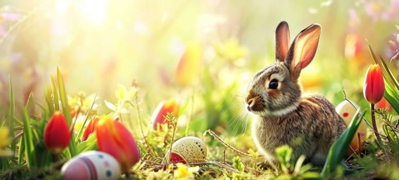 A delightful Easter bunny sits among a colorful field of tulips with scattered Easter eggs, highlighted by the radiant morning sun.