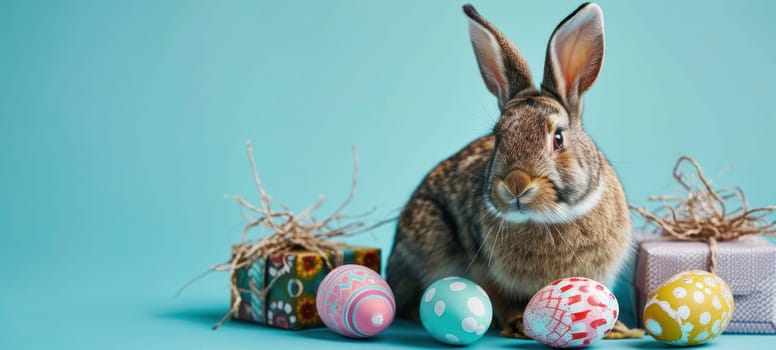 A rabbit surrounded by Easter eggs and gift boxes on a teal backdrop