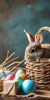 Adorable grey bunny sitting in a wicker basket filled with colorful Easter eggs on a rustic wooden surface against a blue backdrop.