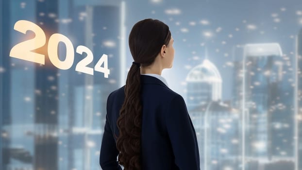 business woman with the new year 2024 near her head. Businesswoman looking at futuristic city background, Business happy new year 2024 cover concept. High quality image