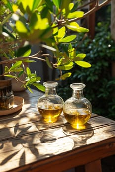 Olive oil on a table in a garden. selective focus. Food Generative AI,