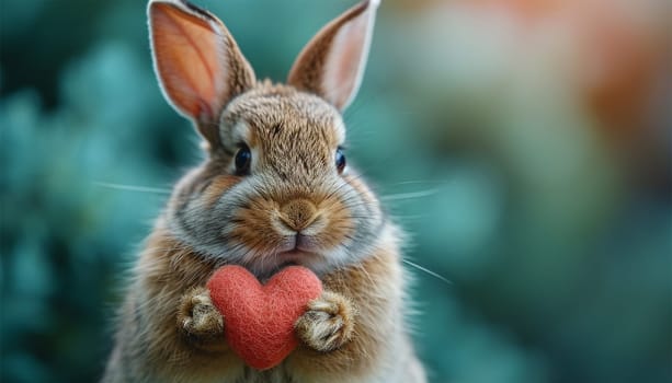 Rabbit with Valentine heart on pastel background. Cute realistic bunny holding red heart. Valentine's day greeting card. Copy space. Happy Valentine's Day Space for text