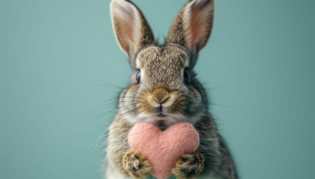 Rabbit with Valentine heart on pastel background. Cute realistic bunny holding red heart. Valentine's day greeting card. Copy space. Happy Valentine's Day Space for text