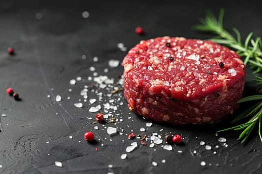 Burger patty made from raw ground beef with salt and spices on a black background, minimalism.