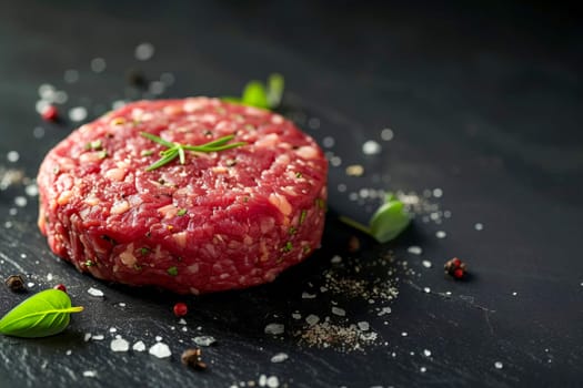 Burger patty made from raw ground beef with salt and spices on a black background, minimalism.