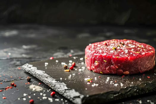 Burger patty made from raw ground beef with salt and spices on a black background, minimalism.