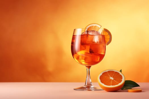 Refreshing orange beverage in a stem glass with ice and orange slice.