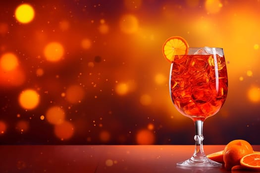 A refreshing cocktail with ice and an orange slice, presented against a warm bokeh backdrop.