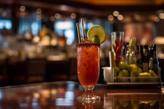 A Bloody Mary cocktail garnished with celery, lime, and a salted rim.