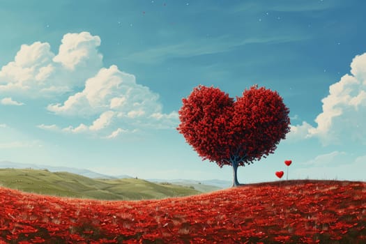 red tree of love in red flower field pragma