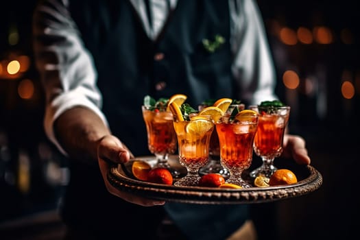 Server holding a tray with four garnished cocktails in a dimly lit bar