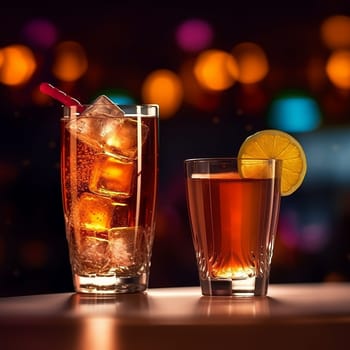 Two glasses of amber-colored drinks, one with ice and a cherry, the other with a lemon slice.