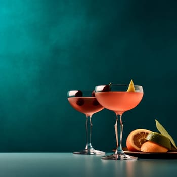 Two cocktails with citrus garnishes on dark teal background