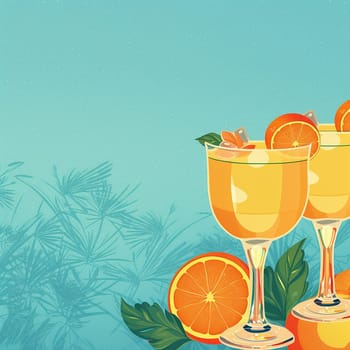 Illustration of refreshing orange cocktails with fruits and palm leaves.