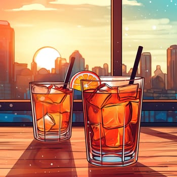 Two iced drinks with a cityscape and sunset in the background