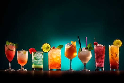A variety of colorful cocktails on a bar counter.