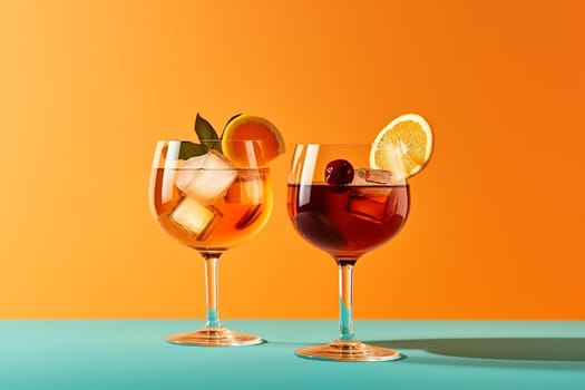 Two cocktails with ice on a blue surface against an orange backdrop