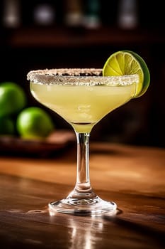 Classic margarita cocktail with lime and salt rim