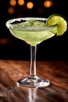 Classic margarita cocktail with lime and salt rim on a bar top.