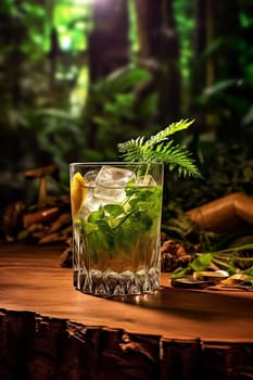 Refreshing mojito cocktail in a forest setting