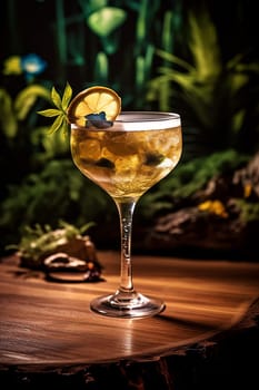 Elegant cocktail in a stemmed glass, garnished with orange and mint.