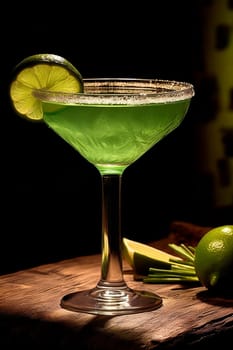 A vibrant green cocktail in a classic glass garnished with a lime wheel.