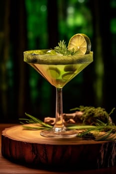 Elegant green cocktail garnished with lime on wooden surface, moody lighting.