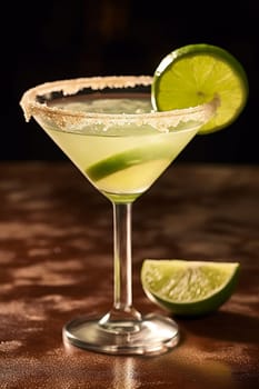 Chilled margarita garnished with lime on a salt-rimmed glass.