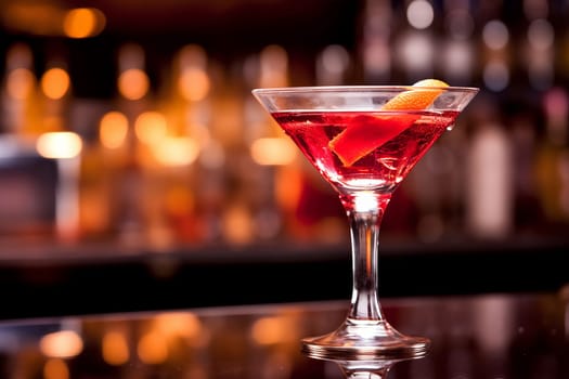 A vibrant red cocktail in a martini glass garnished with orange peel.