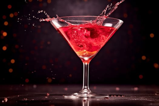 A vibrant cocktail splashing in a martini glass.