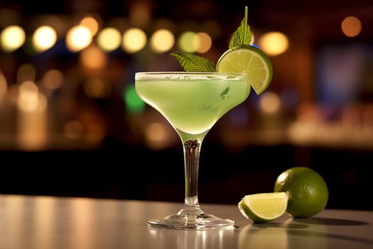 Elegant green cocktail with lime garnish on bar top.