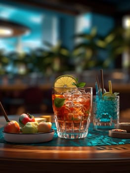 Iced beverage garnished with lime in a dimly lit bar setting.