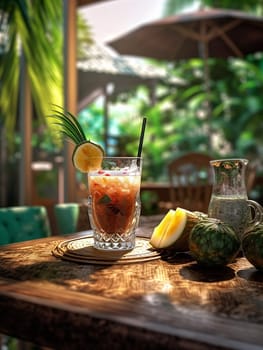 A refreshing cocktail on a table with tropical backdrop.