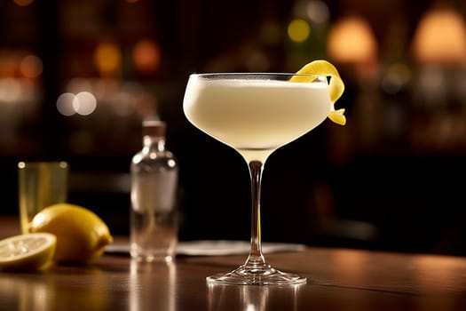 Creamy cocktail garnished with lemon peel served in a coupe glass.