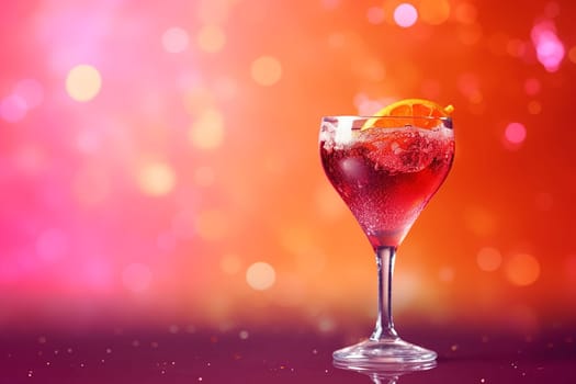 A sparkling red cocktail in a wine glass garnished with an orange slice on a vibrant backdrop.